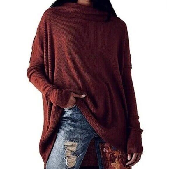 Free People Shirt Women's Small NWT Juicy Cowl Neck Oversized Split Back Wine - Picture 1 of 10